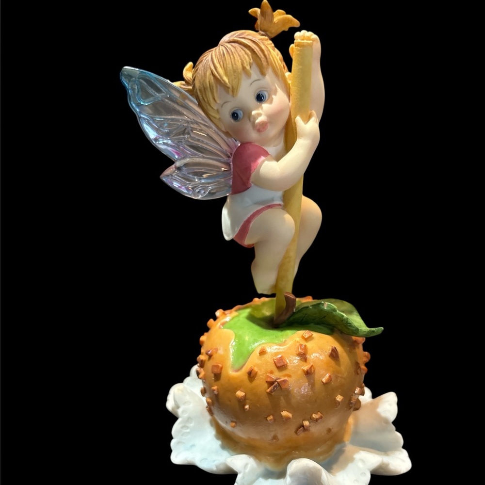 Fairy Figurine Adorable 🧚 with Carmel Apple 🍎 base. Iridescent blue/pink wings 🪽